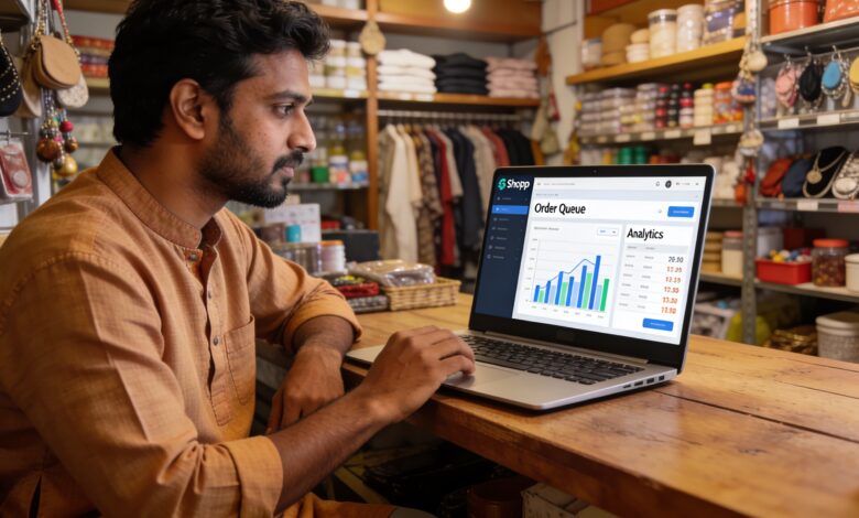 Indian retailer analyzing ecommerce platform dashboard inside store