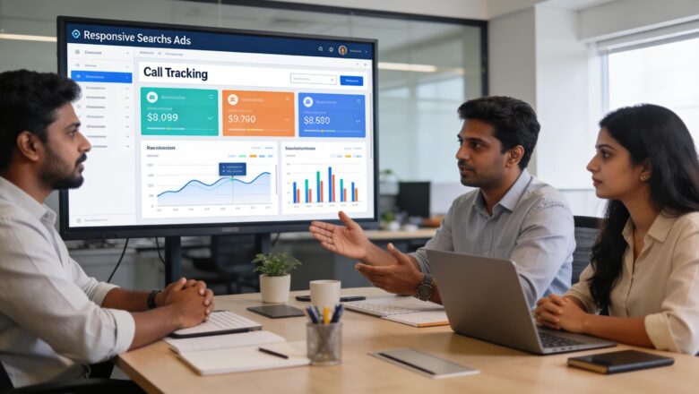 Indian digital marketing team reviewing Google Ads RSA dashboard and call tracking data