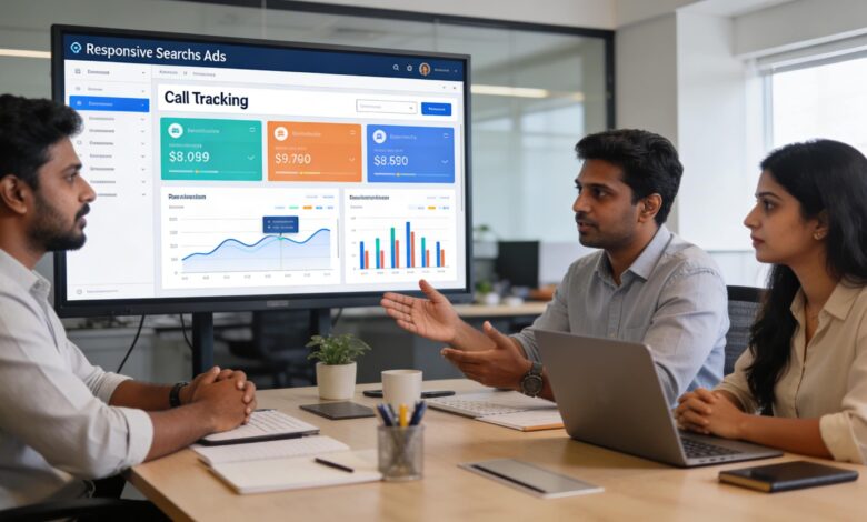 Indian digital marketing team reviewing Google Ads RSA dashboard and call tracking data