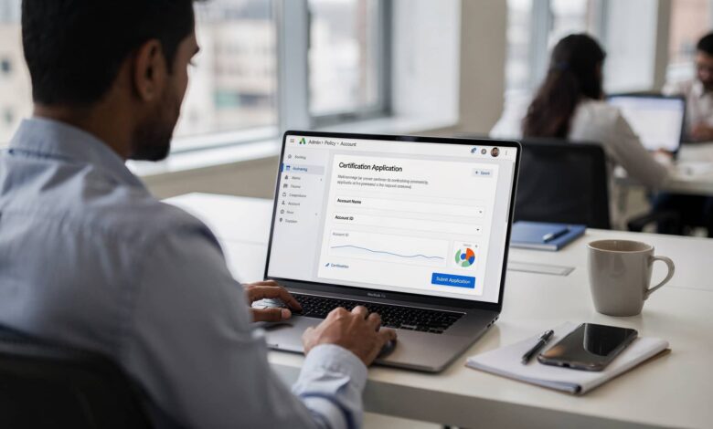 Indian marketer applying for Google Ads crypto certification inside account dashboard.