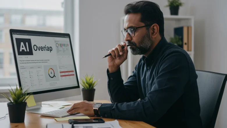 Indian digital marketing professional analyzing Google AI Overview source carousel on laptop