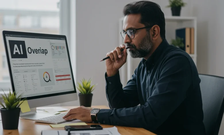 Indian digital marketing professional analyzing Google AI Overview source carousel on laptop