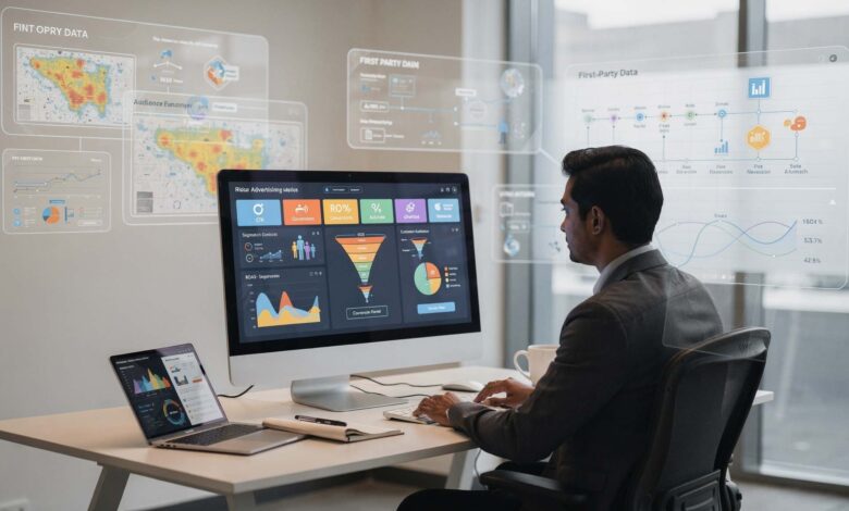 Indian professional analyzing AI advertising performance with first-party data insights.