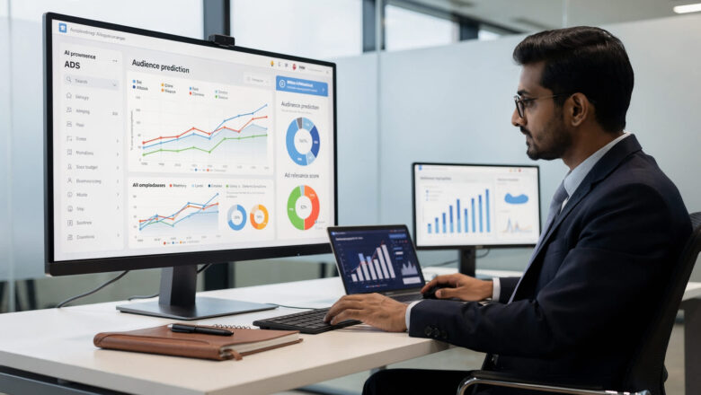 Indian professional analyzing machine learning-powered ad targeting data.