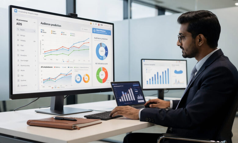 Indian professional analyzing machine learning-powered ad targeting data.