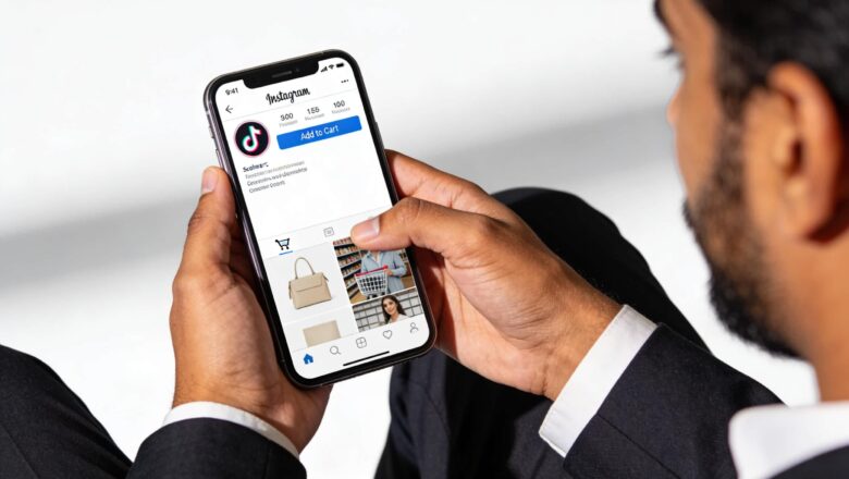 Indian professional shopping via social media on mobile device.