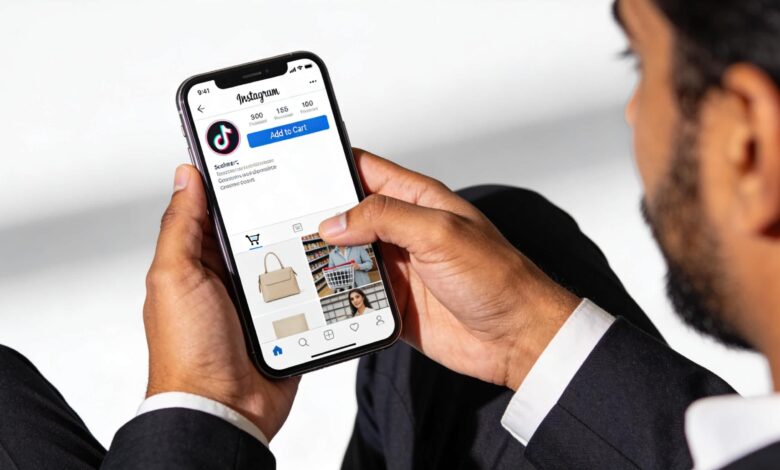 Indian professional shopping via social media on mobile device.