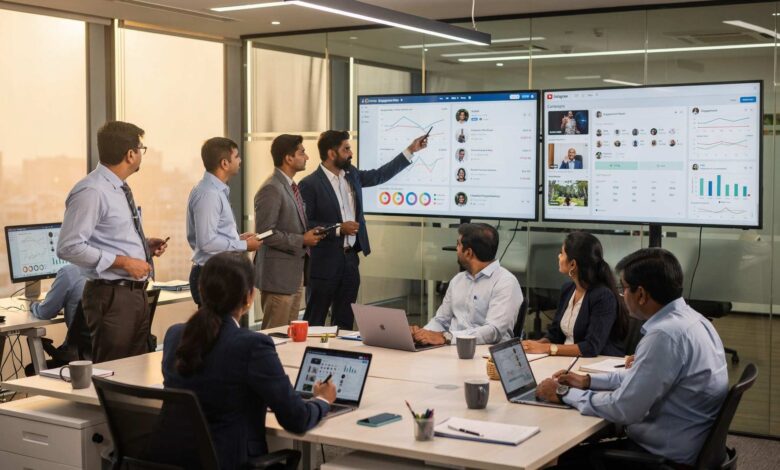 Indian marketing team analysing influencer campaign performance dashboard