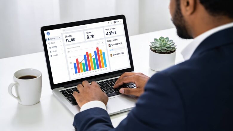 Indian digital marketing professional analyzing Instagram Reels engagement metrics in office