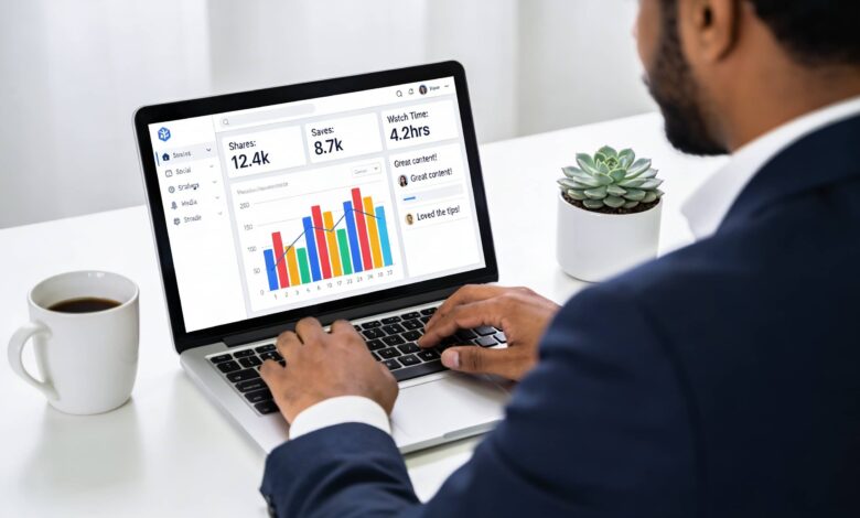 Indian digital marketing professional analyzing Instagram Reels engagement metrics in office