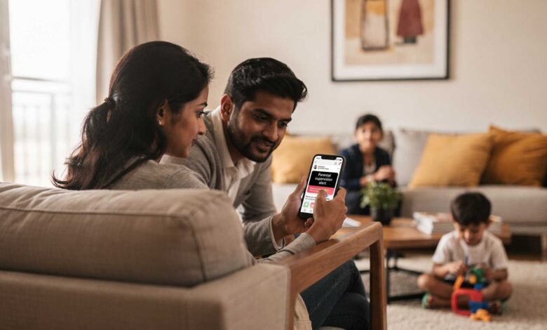 Indian parent reviewing Instagram Teen Search Alerts notification on smartphone.