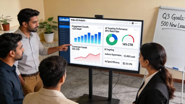 Indian marketing team analyzing LinkedIn video ad performance dashboard.