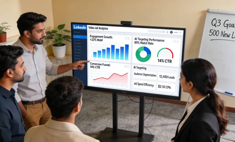 Indian marketing team analyzing LinkedIn video ad performance dashboard.