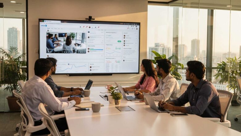 Indian marketing team analyzing LinkedIn video ad performance dashboard