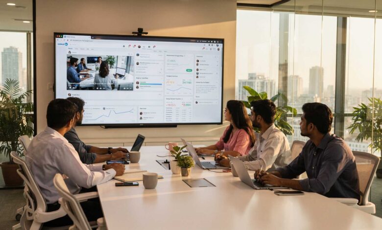 Indian marketing team analyzing LinkedIn video ad performance dashboard