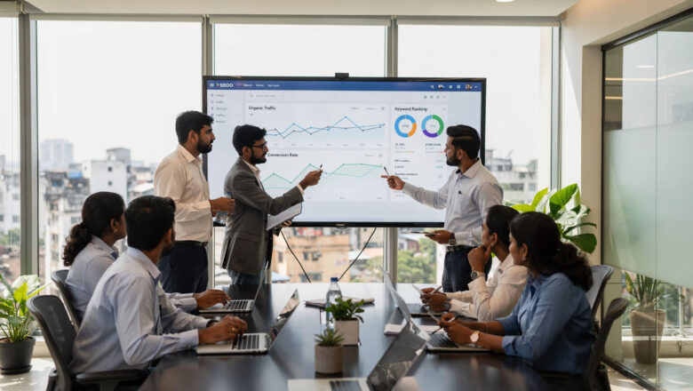 Indian marketing team analyzing SEO dashboard for long-term authority content strategy