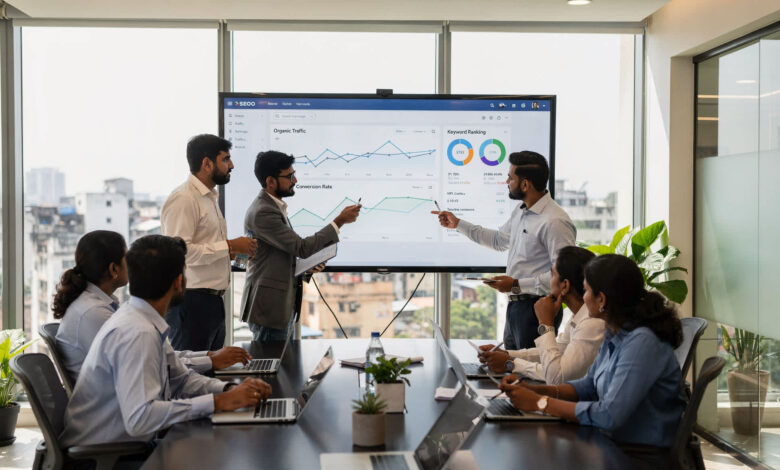 Indian marketing team analyzing SEO dashboard for long-term authority content strategy