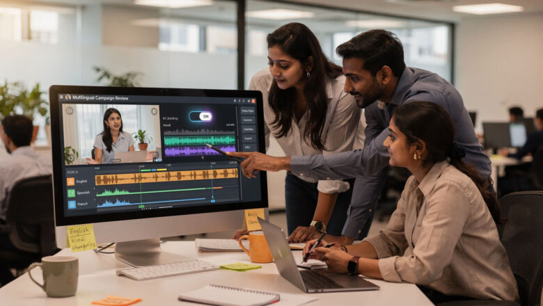 Indian marketing team reviewing Meta Advantage+ AI dubbing video localization dashboard.