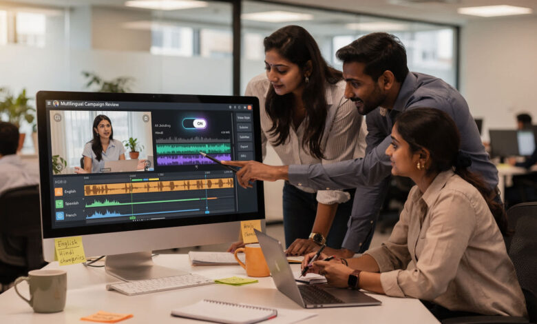 Indian marketing team reviewing Meta Advantage+ AI dubbing video localization dashboard.
