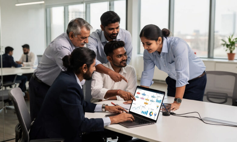 Indian marketing team analyzing AI-driven email nurture engine dashboard.