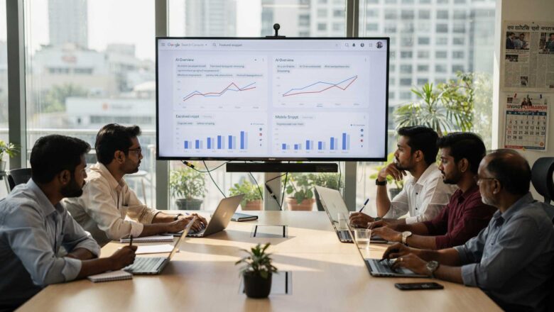 Indian SEO professionals analyzing organic traffic decline on Google Search Console with AI Overviews impacting SERP visibility
