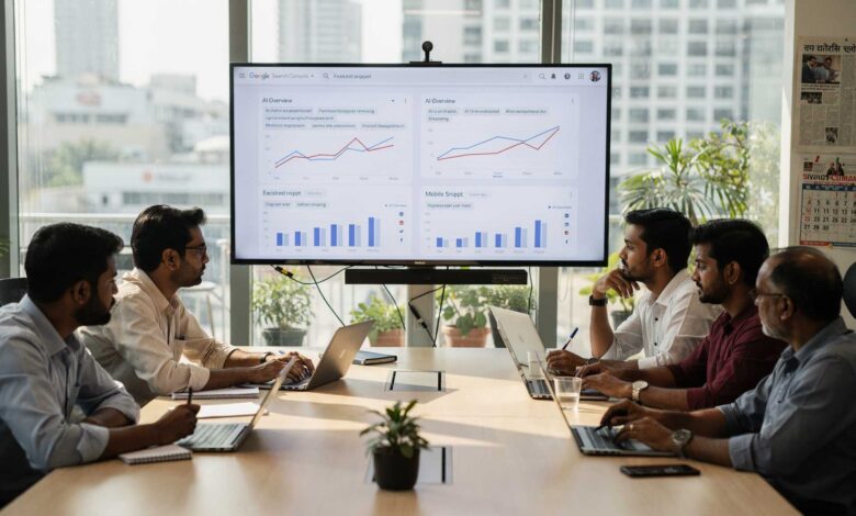 Indian SEO professionals analyzing organic traffic decline on Google Search Console with AI Overviews impacting SERP visibility