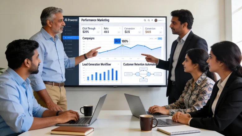 Indian marketing team reviewing AI-driven automated performance campaign dashboard.
