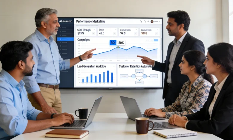 Indian marketing team reviewing AI-driven automated performance campaign dashboard.