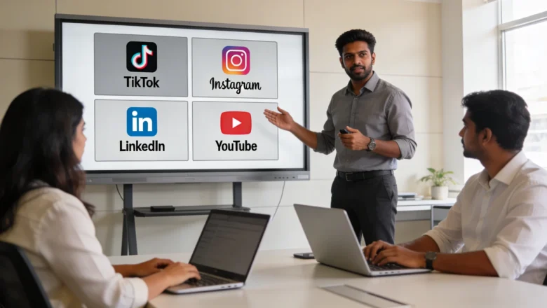 Indian strategist explaining platform-specific content plan across TikTok, Instagram, LinkedIn and YouTube