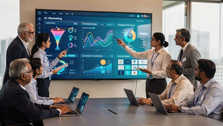 Indian marketing team analyzing real-time adaptive marketing funnel dashboard.