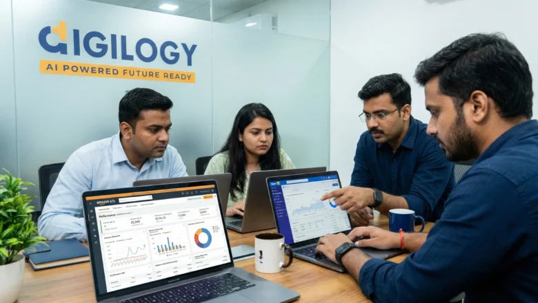 Indian e-commerce and retail media team reviewing inventory and ad performance dashboards inside a warehouse
