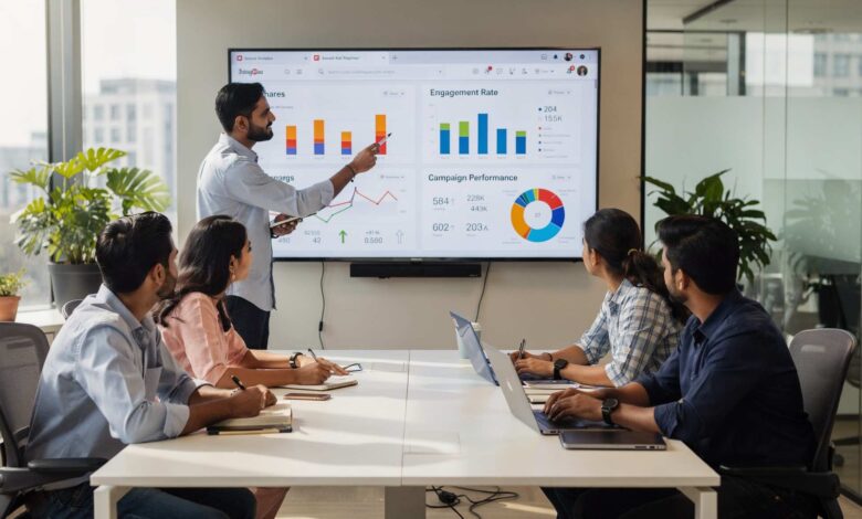 Indian marketing professionals analyzing social sharing and campaign performance data