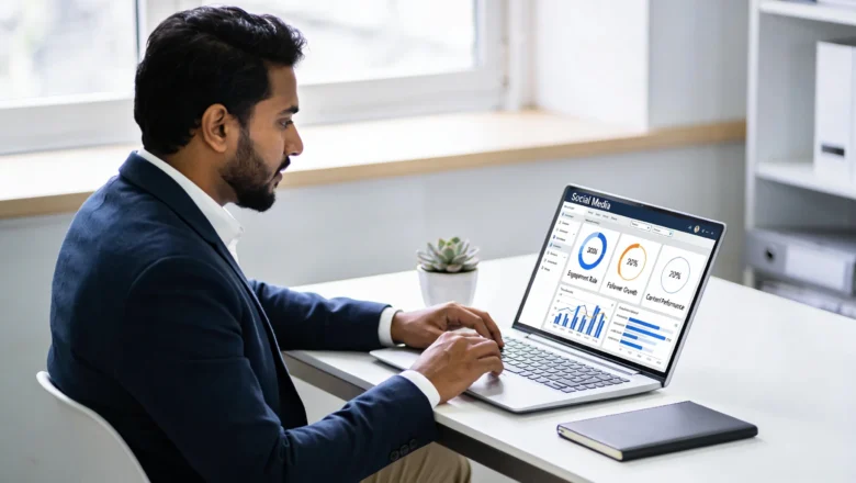 Indian content creator analyzing social media algorithms 2026 on laptop