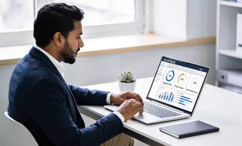 Indian content creator analyzing social media algorithms 2026 on laptop