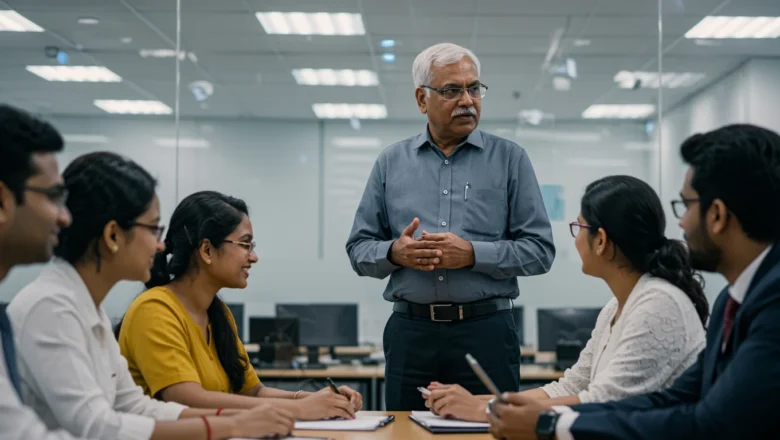 Indian business leader discussing transparent brand messaging in office meeting