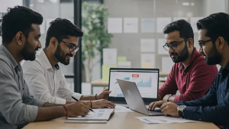 "Indian professionals reviewing Google Ads Results tab dashboard in a digital marketing agency."