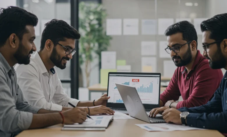 "Indian professionals reviewing Google Ads Results tab dashboard in a digital marketing agency."