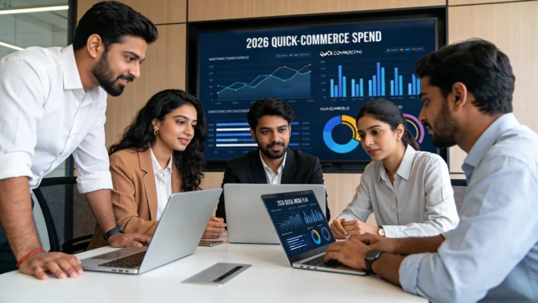 Indian agency team reviewing India AdEx growth and quick-commerce advertising projections for 2026.