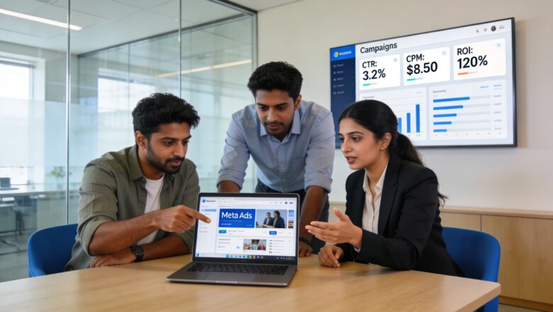 Indian marketing team reviewing Meta Ads Manager updates on Business AI and Value Rules in an office meeting.