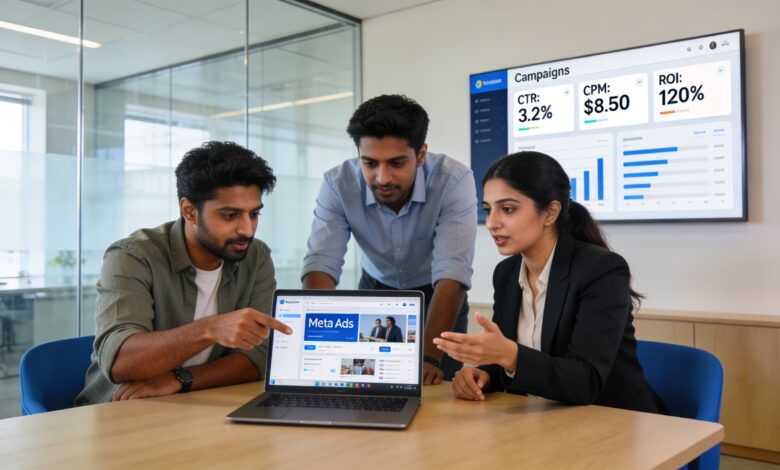 Indian marketing team reviewing Meta Ads Manager updates on Business AI and Value Rules in an office meeting.