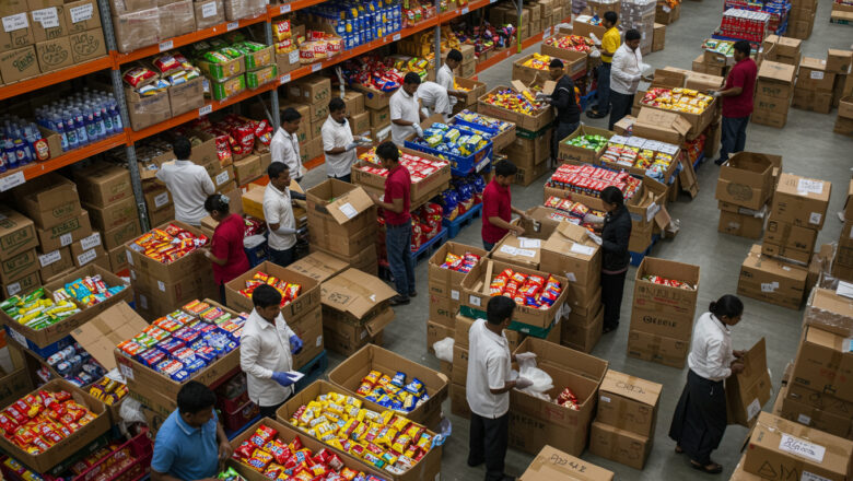 “Quick-commerce warehouse with fast-moving goods being packed for delivery. Indian workers in action.”