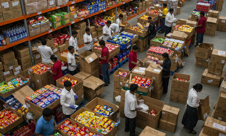 “Quick-commerce warehouse with fast-moving goods being packed for delivery. Indian workers in action.”