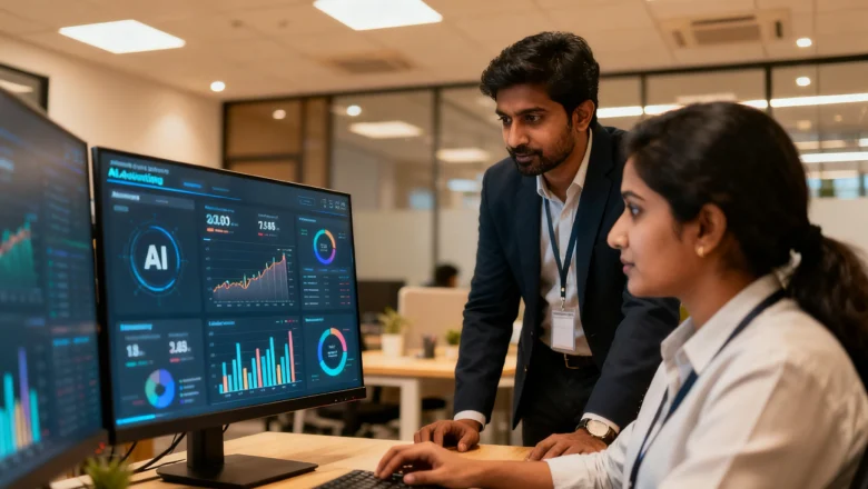 Marketing professionals analyzing AI advertising campaign data.