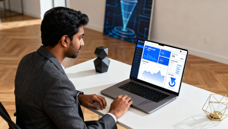 Indian professional analyzing AI-powered landing pages for ecommerce optimization.