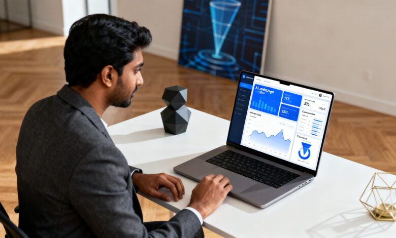 Indian professional analyzing AI-powered landing pages for ecommerce optimization.