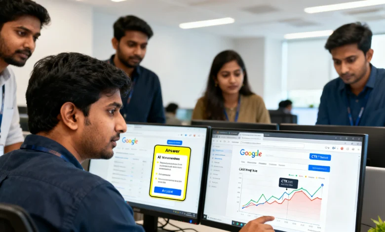 SEO team reviewing AI Overviews and declining organic click-through rates