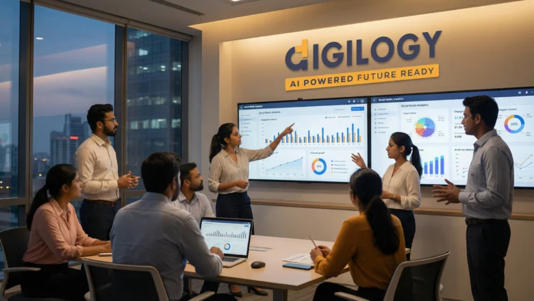 Indian marketing professionals analysing AI social media analytics dashboard for social media marketing 2026