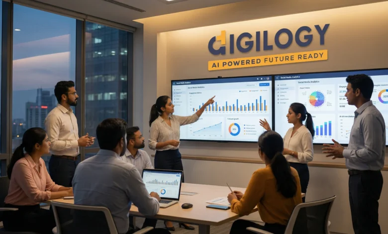 Indian marketing professionals analysing AI social media analytics dashboard for social media marketing 2026