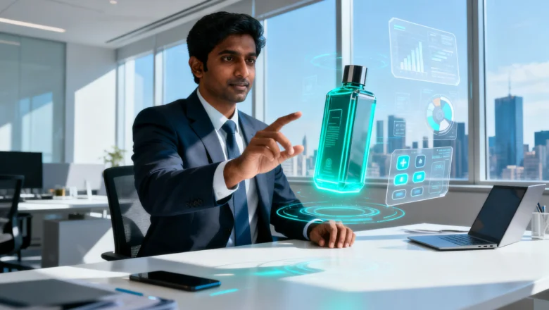 A modern Indian business professional using AR technology to interact with a digital product in an immersive environment.
