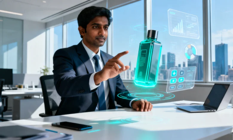 A modern Indian business professional using AR technology to interact with a digital product in an immersive environment.